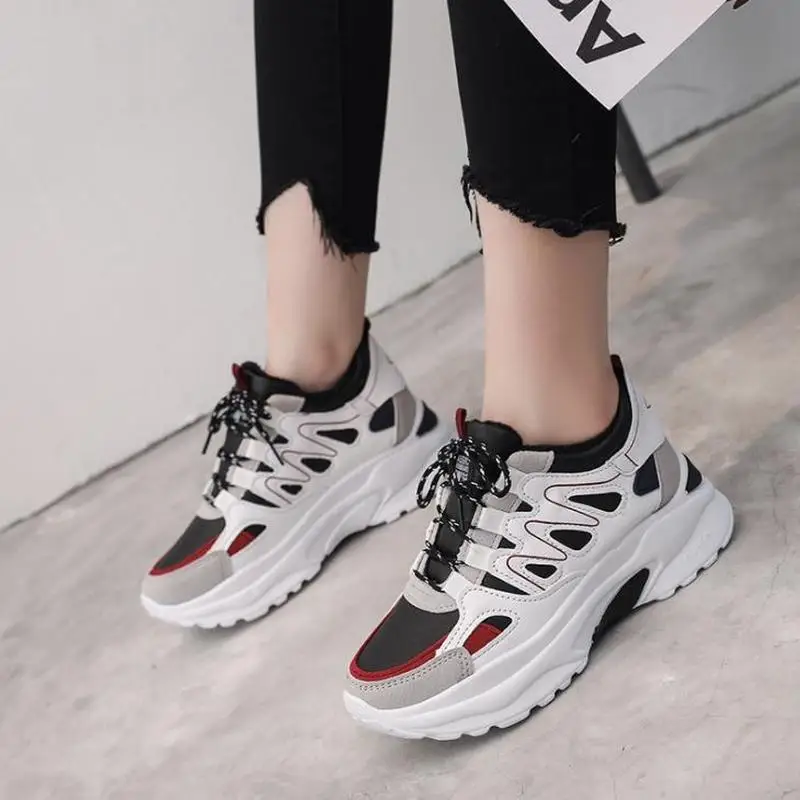Womens Sneaker Thick Sole Shoes Rhinestone Lace Woman Platforms FemaleSoft Breathable High Heel Shoes for Summer