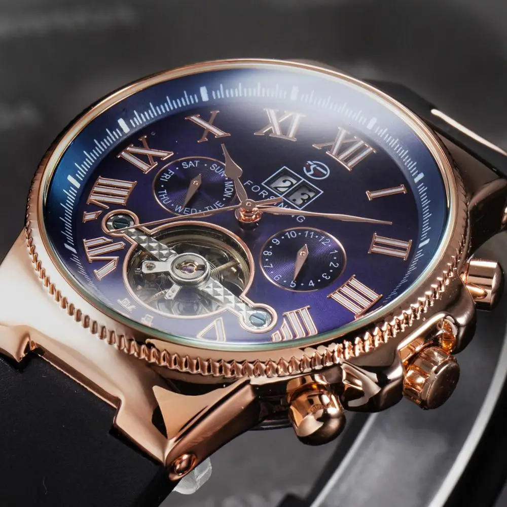 FORSINING Men Sports Watches Rubber Band Auto Date Day Tourbillon Skeleton Male Clock Automatic Mechanical Zegarek Sportowy