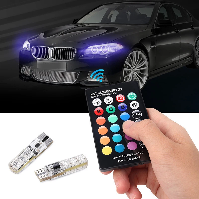 

New 2Pcs DC 12V LED T10 5050 SMD Remote Control RGB Color Changing Car Wedge Side Light Bulb
