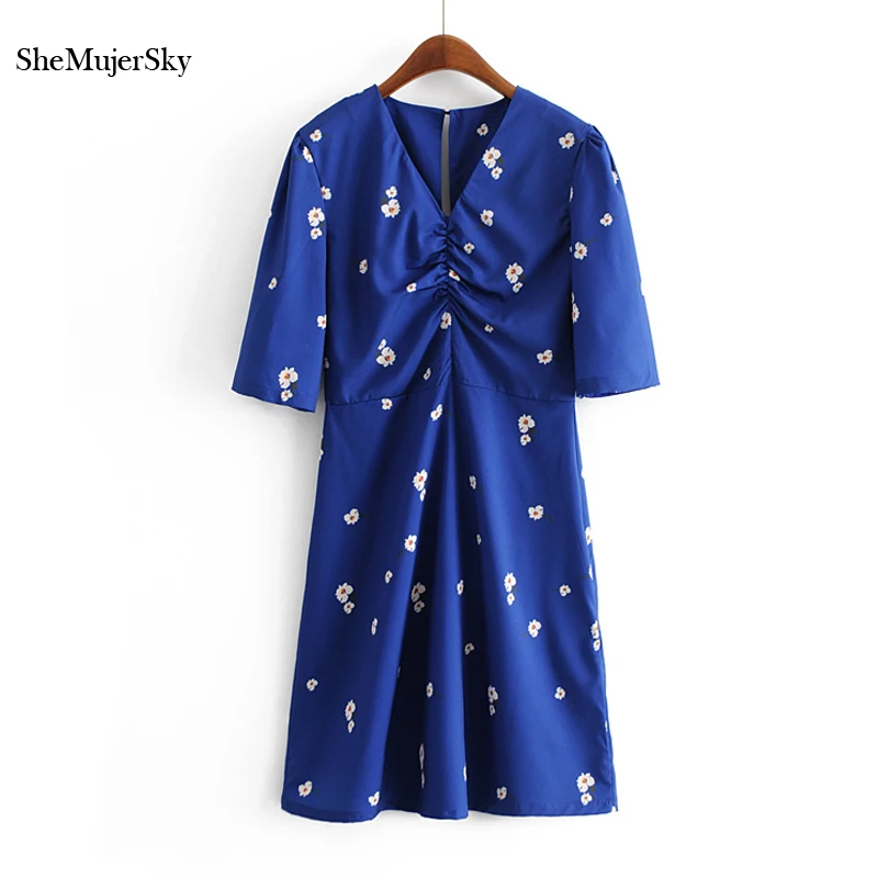 

SheMujerSky Summer Blue Floral Dress Formal Dress Women Elegant Short Dress Casual vestido verano