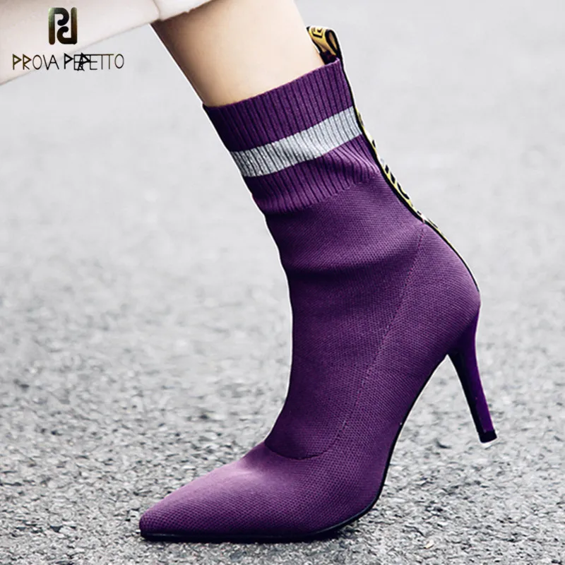 

Prova Perfetto 2018 New Women Boots Comfort Pointed Toe Knitting Stretch Boots High Heels Shoes Woman Thin High Heel Ankle Boots