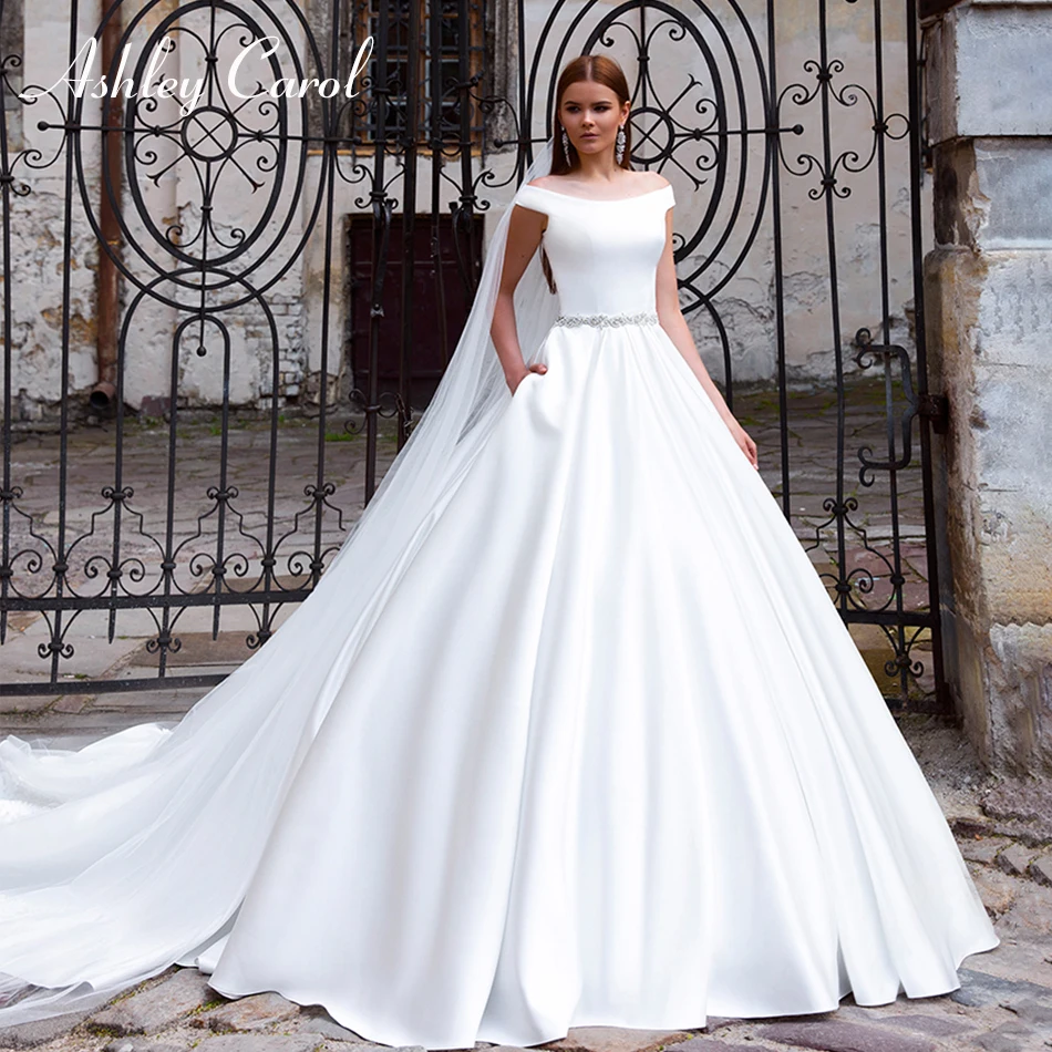 Ashley Carol Elegant Boat Neck Luxury Crystal Sashes Soft Satin