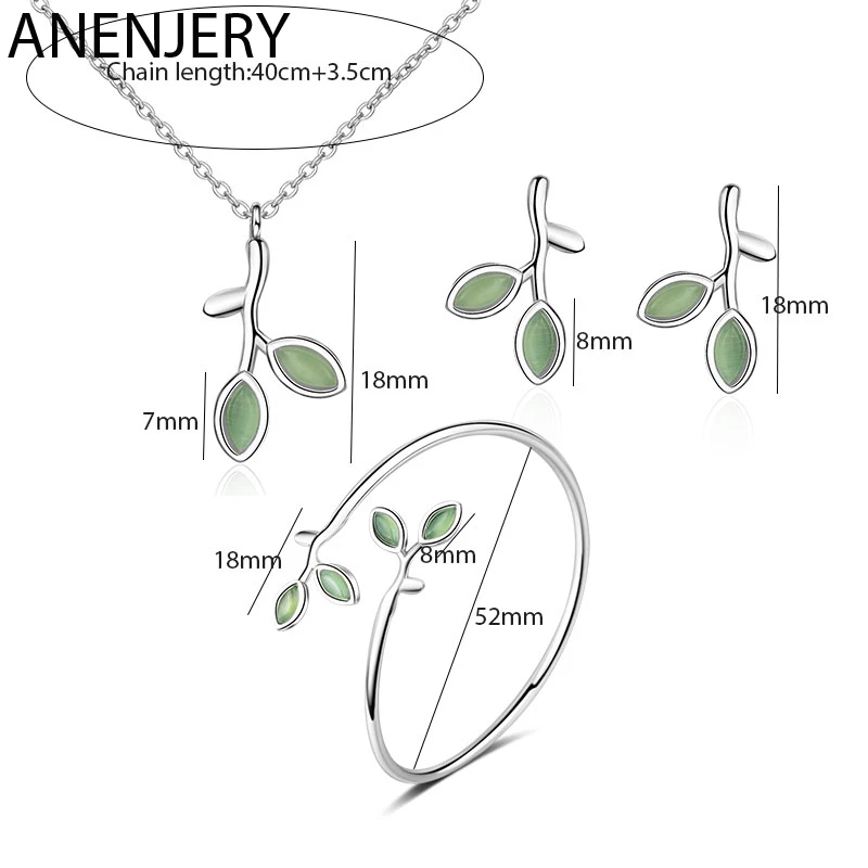 ANENJERY, 925 пробы, серебряные ювелирные наборы, Опаловый лист, бутон, ожерелье+ серьги+ браслет для женщин, девушек, ювелирное изделие, подарок