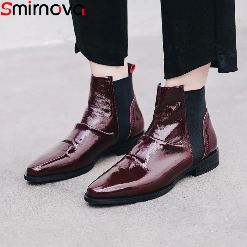 

Smirnova 2019 new ankle boots for women round toe slip on genuine leather shoes low heels casual autumn winter boots women