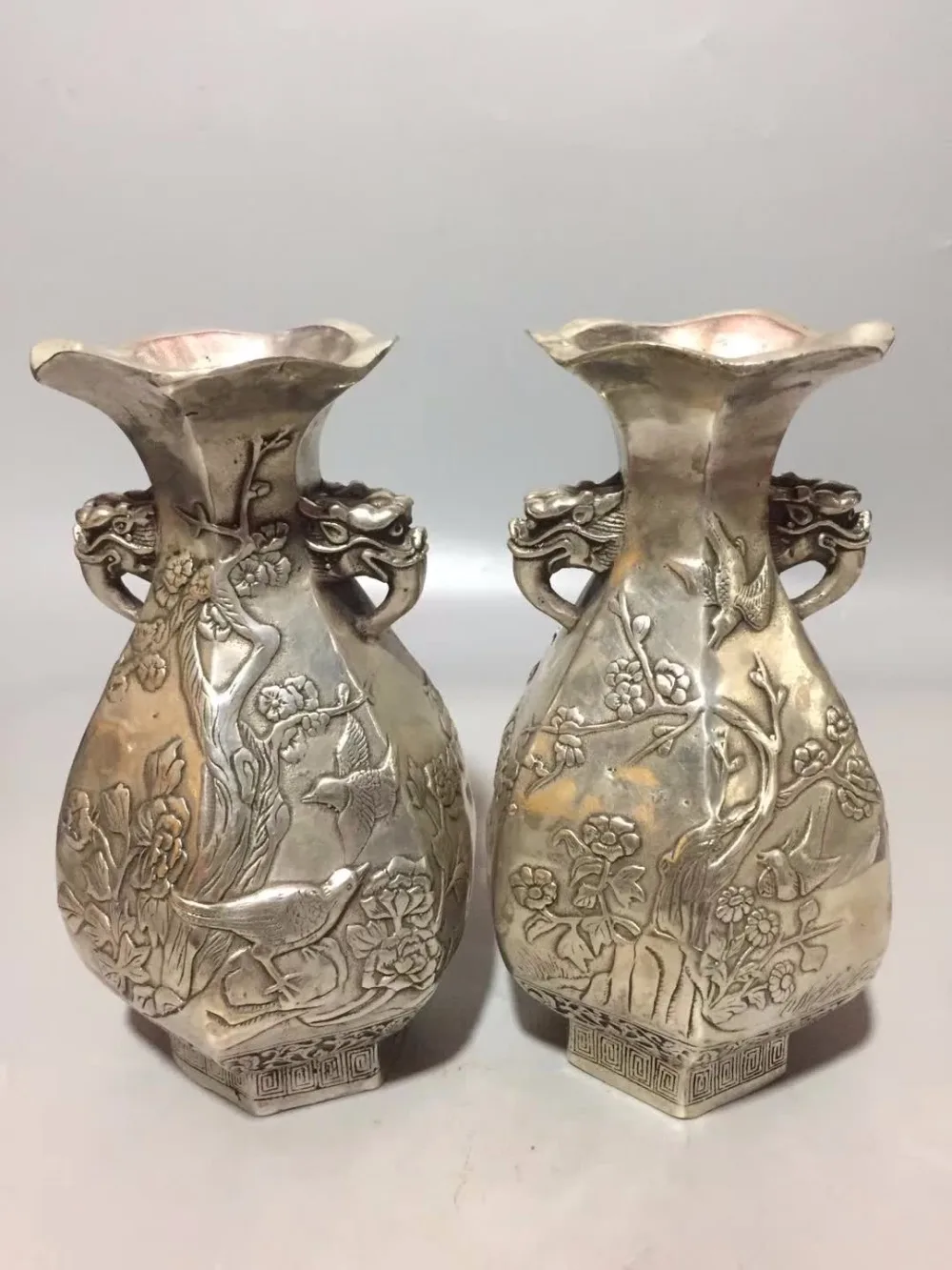 

Art Collection 1 Pair Tibet Silver handmade Flower Bird Vase ,Home/office desk decoration Chinese traditional Tabletop vase