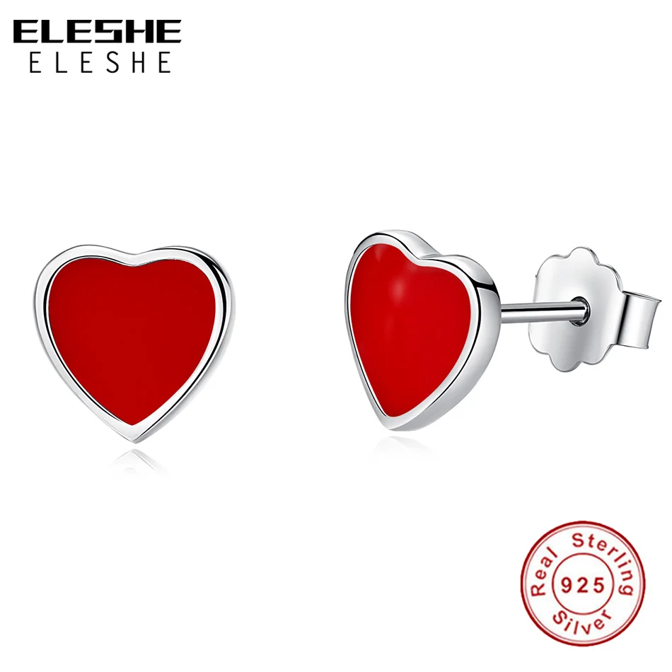 Подлинный eleshe 925 пробы серебряные серьги-гвоздики с красной эмалью серьги для свадьбы и помолвки для женщин подарок на день Святого Валентина