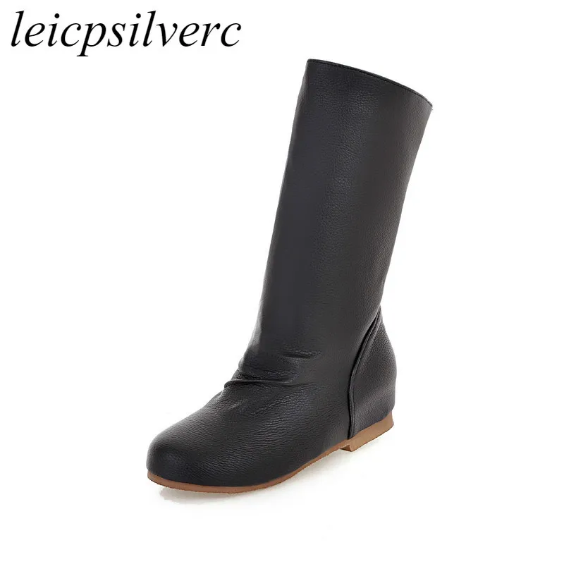 

Women Boots Autumn Winter Warm 2018 New Sexy Fashion Pu Mid-calf Round Toe Motorcycle Boots Black Brown White Flat Martin Shoes