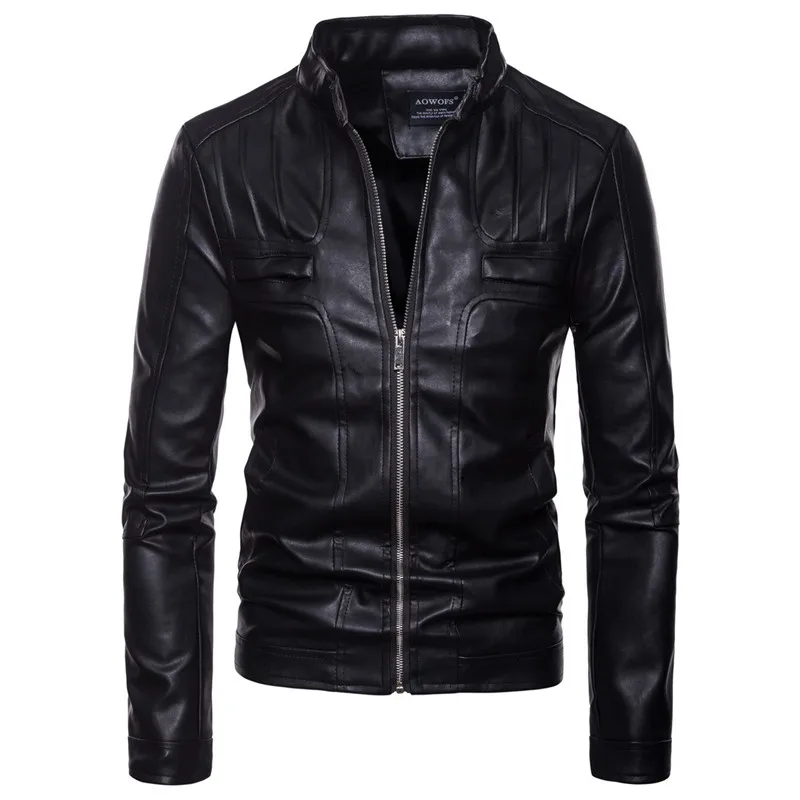 Коричневый PU кожаный пиджак мужской Slim Fit пальто воротник стойка 2019 весна осень куртки сплошно