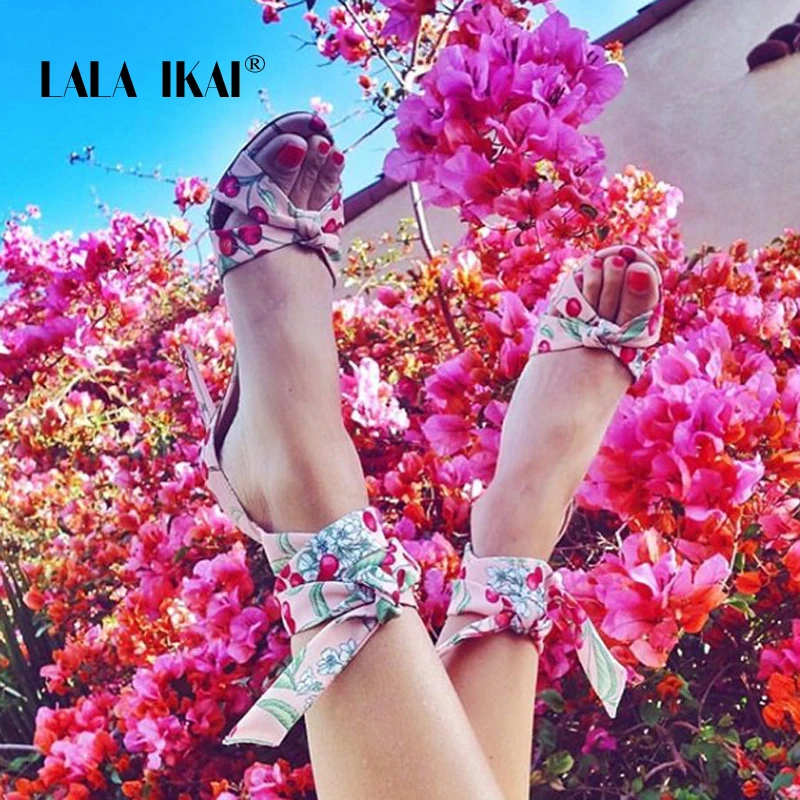 

LALA IKAI Ankle Strap Thin Heels Sandals Women Floral Butterfly-knot Summer Party Dress Shoes Chaussure Femme 014C3259-4