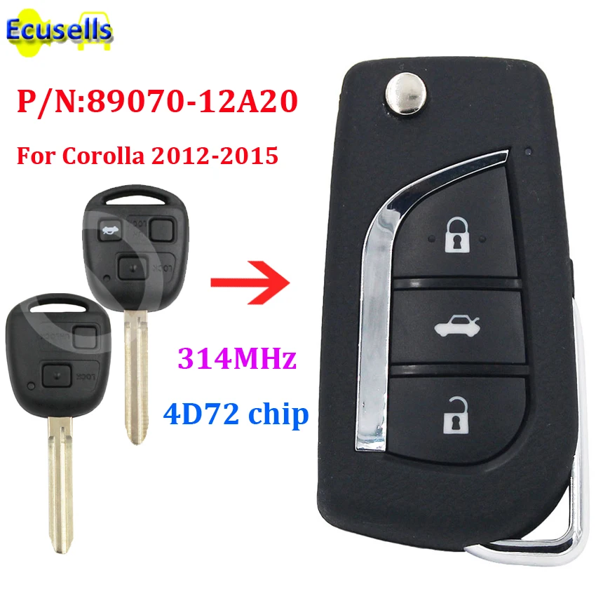 Upgraded Flip Remote Key Fob 314MHz with 4D72 / G chip for Toyota Corolla 2012- P/N:89070-12A20 uncut TOY43 blade