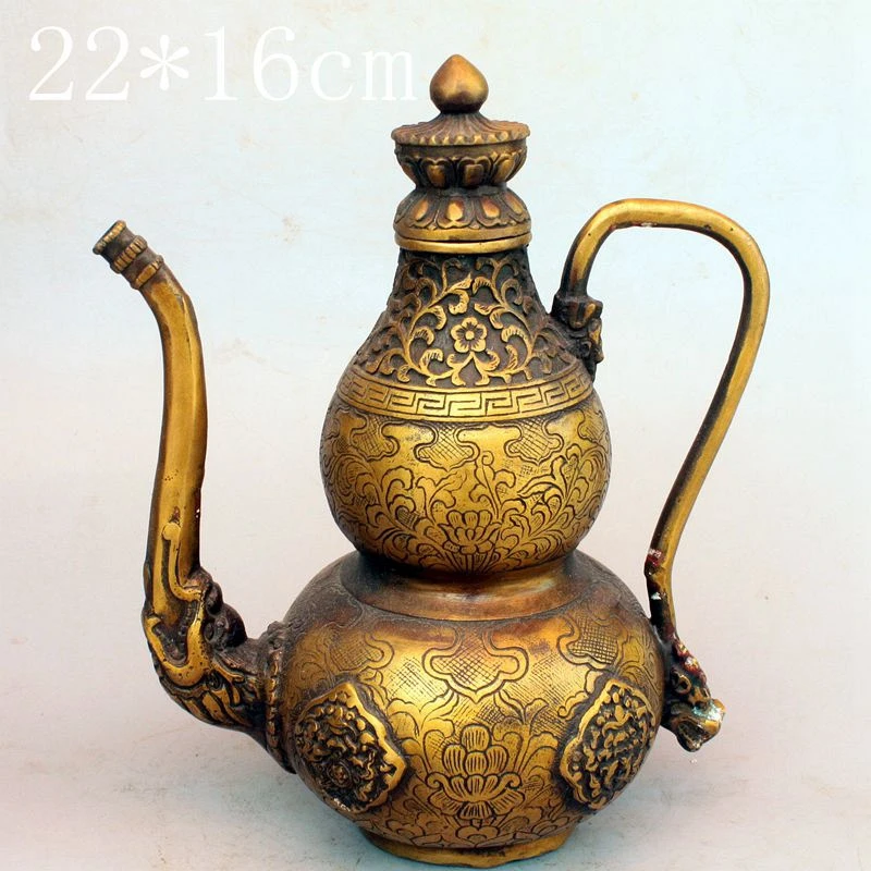 

Antique QingDynasty Handmade copper gourd teapot / jug,Hand-carved crafts,best collection& adornment,Free shipping