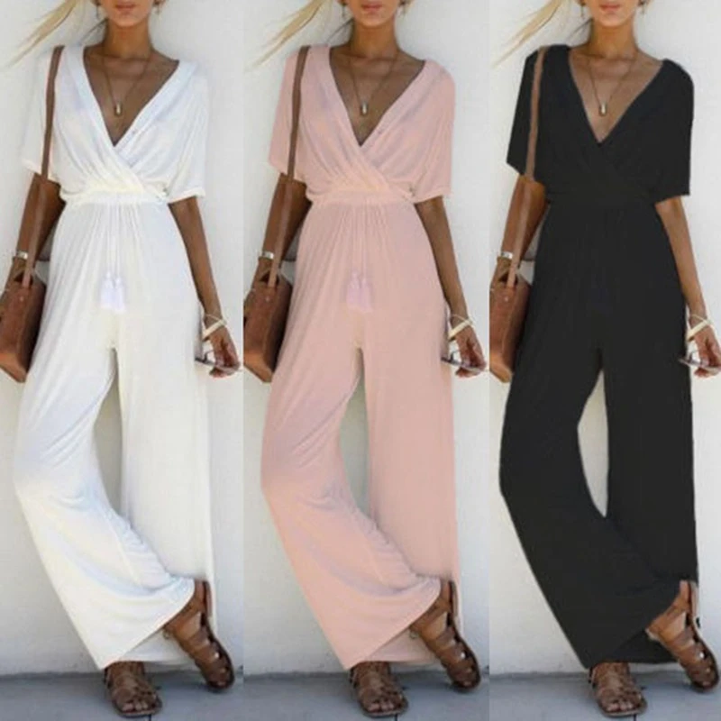 

Sexy Jumpsuits for Women Bell Sleeve Plunge Neck Self Belted Palazzo Jumpsuit Half Sleeve Solid Jumpsuit Fashion Deep V