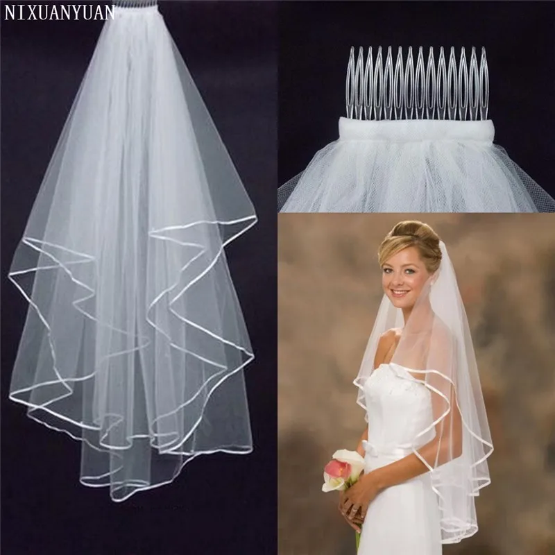 Cheap-Simple-White-Ivory-Two-Layers-Tulle-Short-Bride-Wedding-Veil-With-Comb-Ribbon-Edge-Bridal