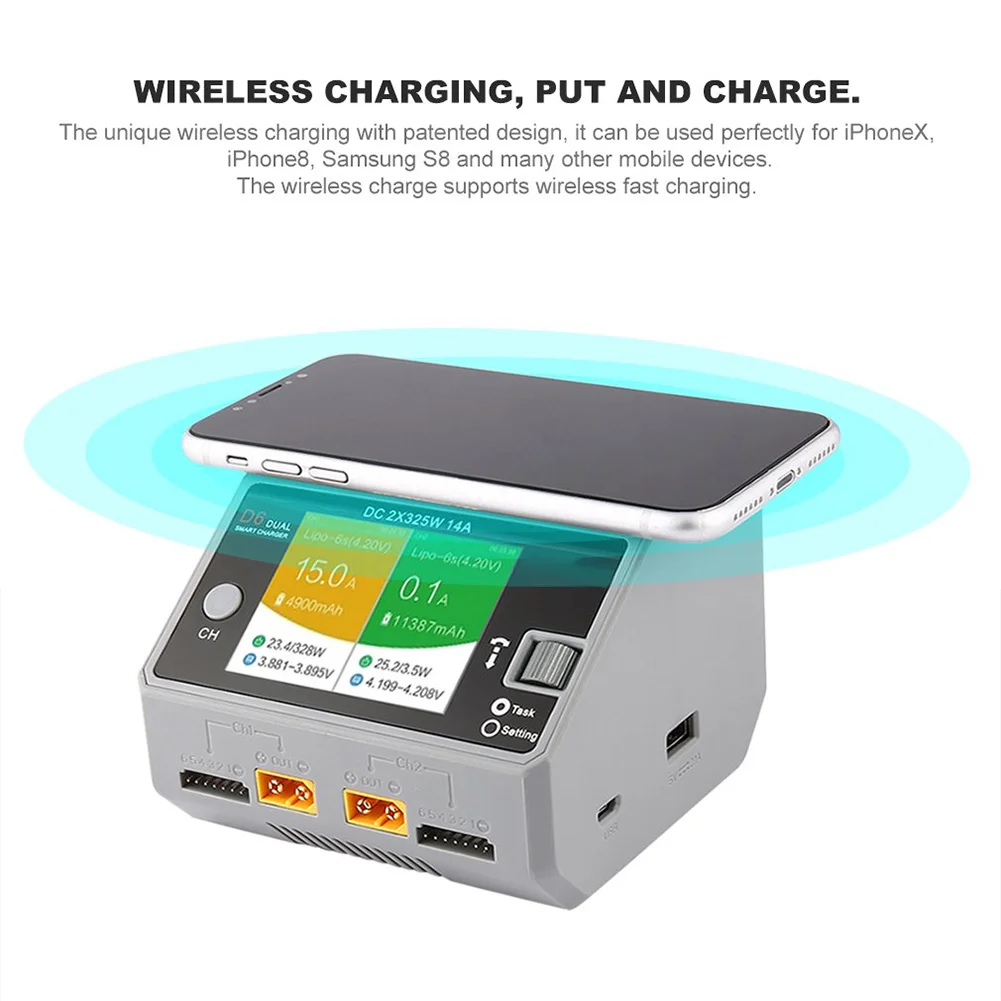 

2018 New Dual Channel Smart Battery Charger Wireless Charging for Lipo NiMH Battery iPhone X 8 Samsung Phone