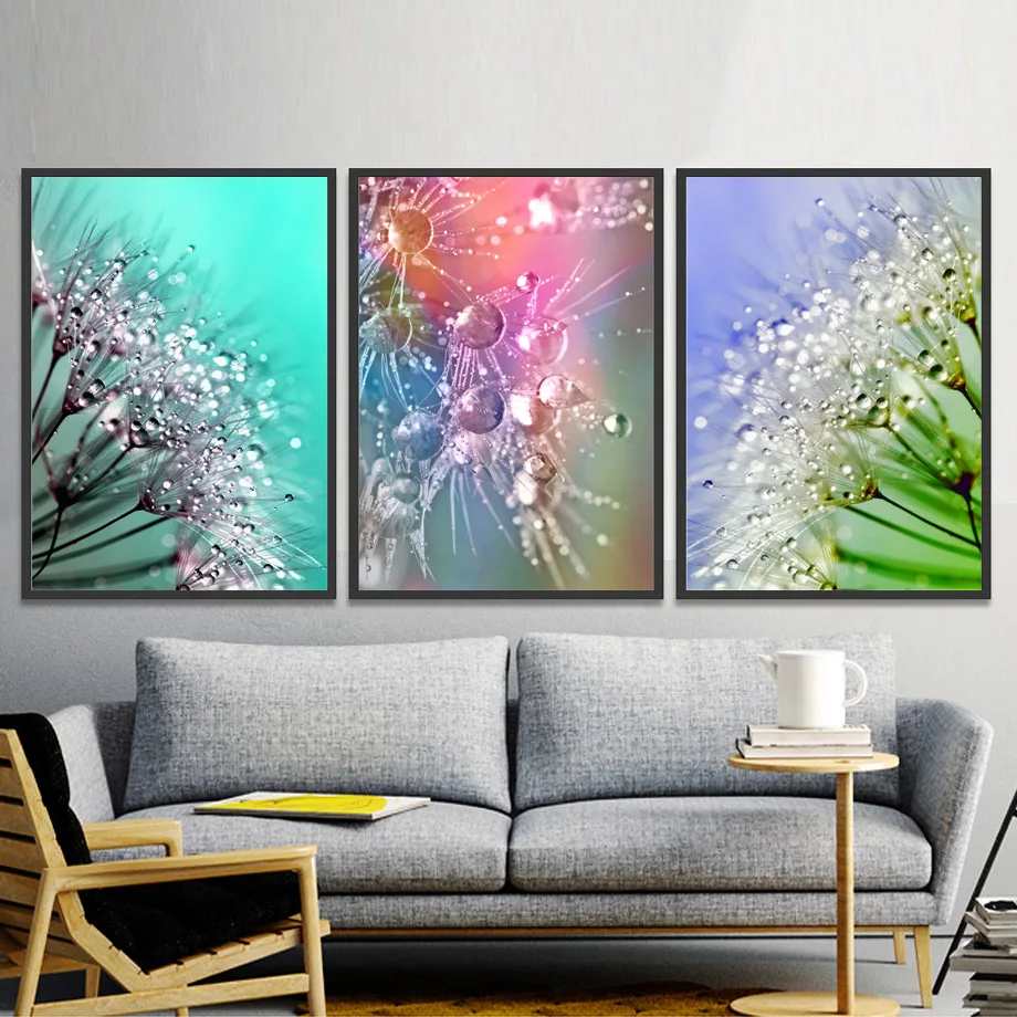 Colorful Dandelion Flower Water Droplets Wall Art Canvas Painting Nordic Posters And Prints Pictures For Living Room Decor | Дом и сад