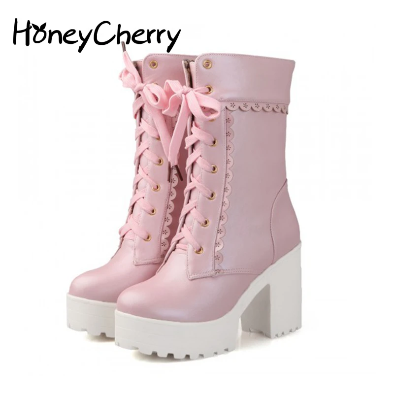 En Ligne Blanc Noir Étudiants Sœur Doux Lolita à talons hauts Bottes Cosplay Dentelle Lolita Dame Douce Chaussures Femmes Cheville Plate Forme Bottes