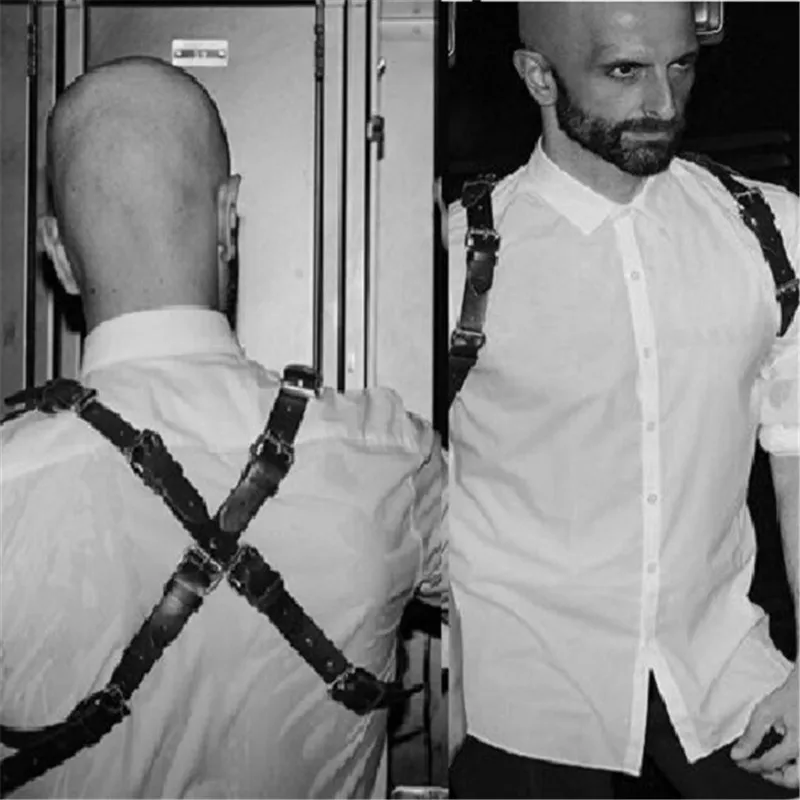 

Fashion PU Leather Men Chest Shoulder Back Criss Cross Belts Sexy Body Harness Strap Adjustable Body Bondage Metal Buckle Belts