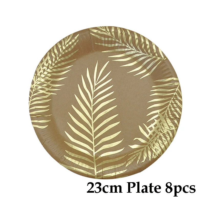 Золотая фольга одноразовая салфетка для посуды тропические Пальмовые Листья бумажные тарелки и стаканы для свадьбы, дня рождения - Цвет: 9inch plate 8pcs
