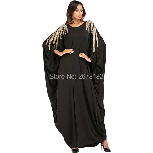 Золотые бусы с вышивкой на плече, рукав "летучая мышь", мусульманская одежда, одежда абайя, турецкая исламская одежда, мусульманское женское платье