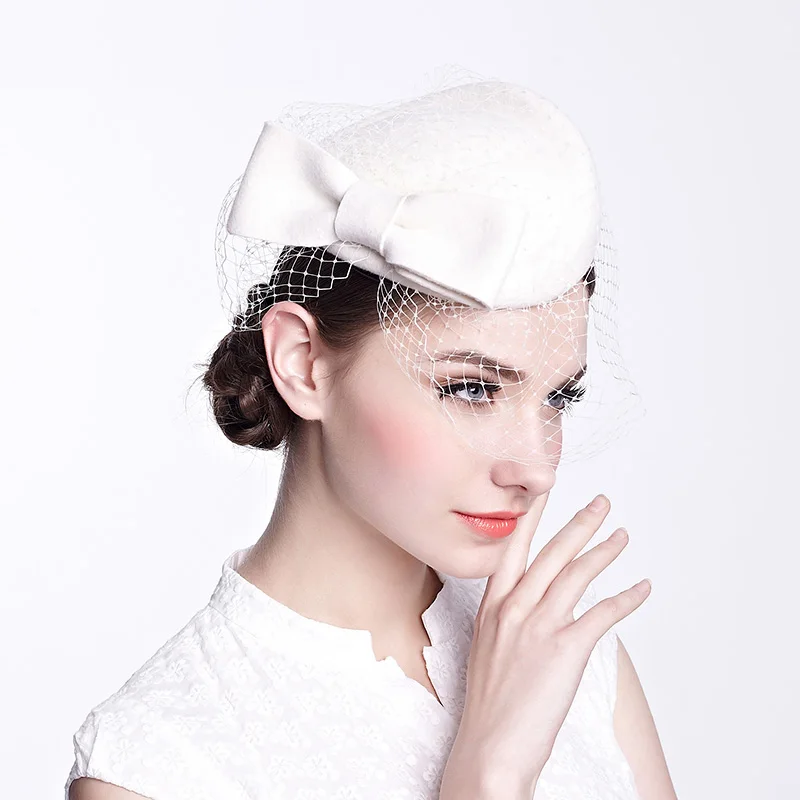Винтажная модная шерстяная фетровая шляпа с бантиком и вуалью для женщин, шляпа-Вуалетка для свадьбы, элегантные женские вечерние шляпы