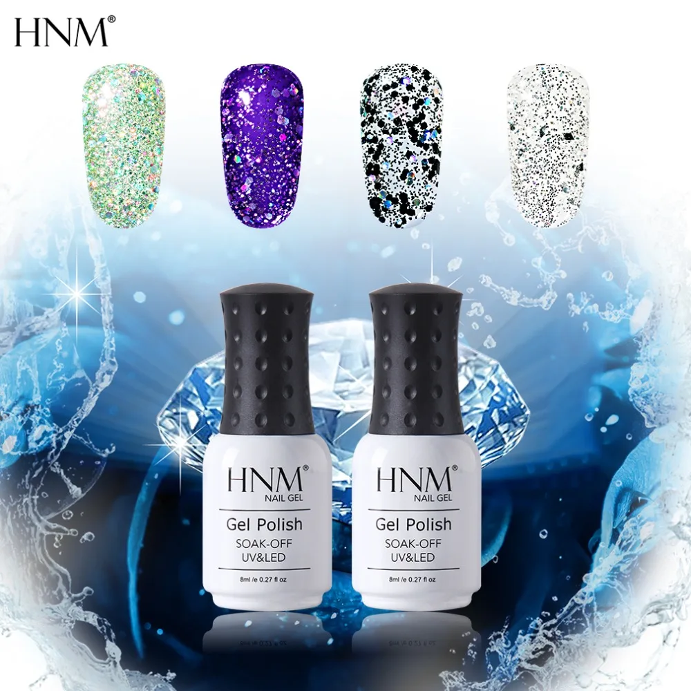 

HNM Glitter LED Lamp Nail Polish Diamond 12 Colors Super Bling 8ML Semi Permanent Soak Off Lucky Lacquer Stamping Enamel