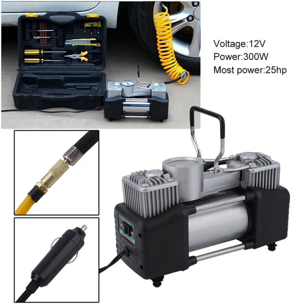 

Low Noise 12v Air Compressor Cars Tyre Stainless Steel Double Cylinder Inflator High Power Vehicles Tyre Inflation Pump 2018 NEW