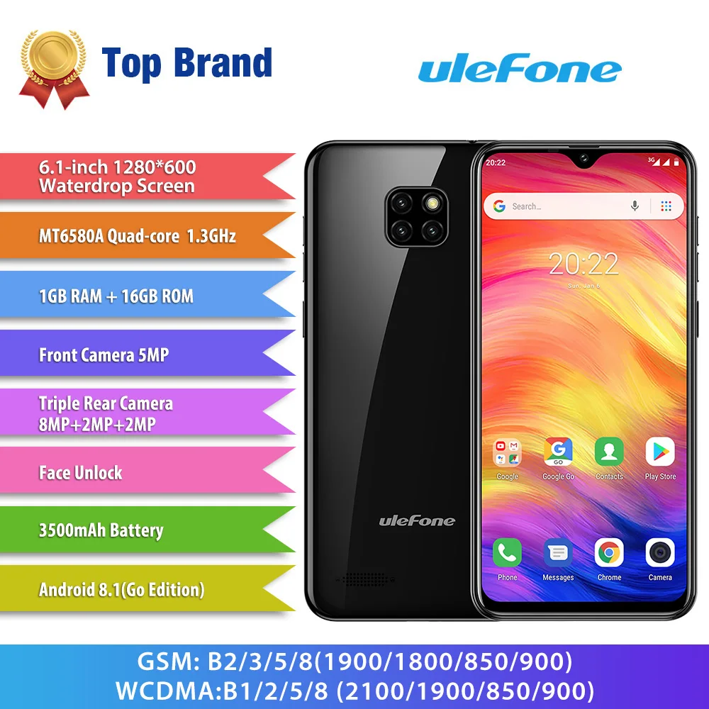 جديد وصول Ulefone ملاحظة 7 الهاتف الذكي 3500 mAh 19:9 رباعية النواة 6.1 Waterdrop شاشة 16 GB ROM الهاتف المحمول الهاتف المحمول android8.1