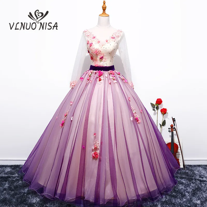 

2018 Hot Sale V-Neck Embroidery Long Ball Bown 2 Colors Avaliable Lace Sash Appliques Formal Performance Vintage Evening Dress