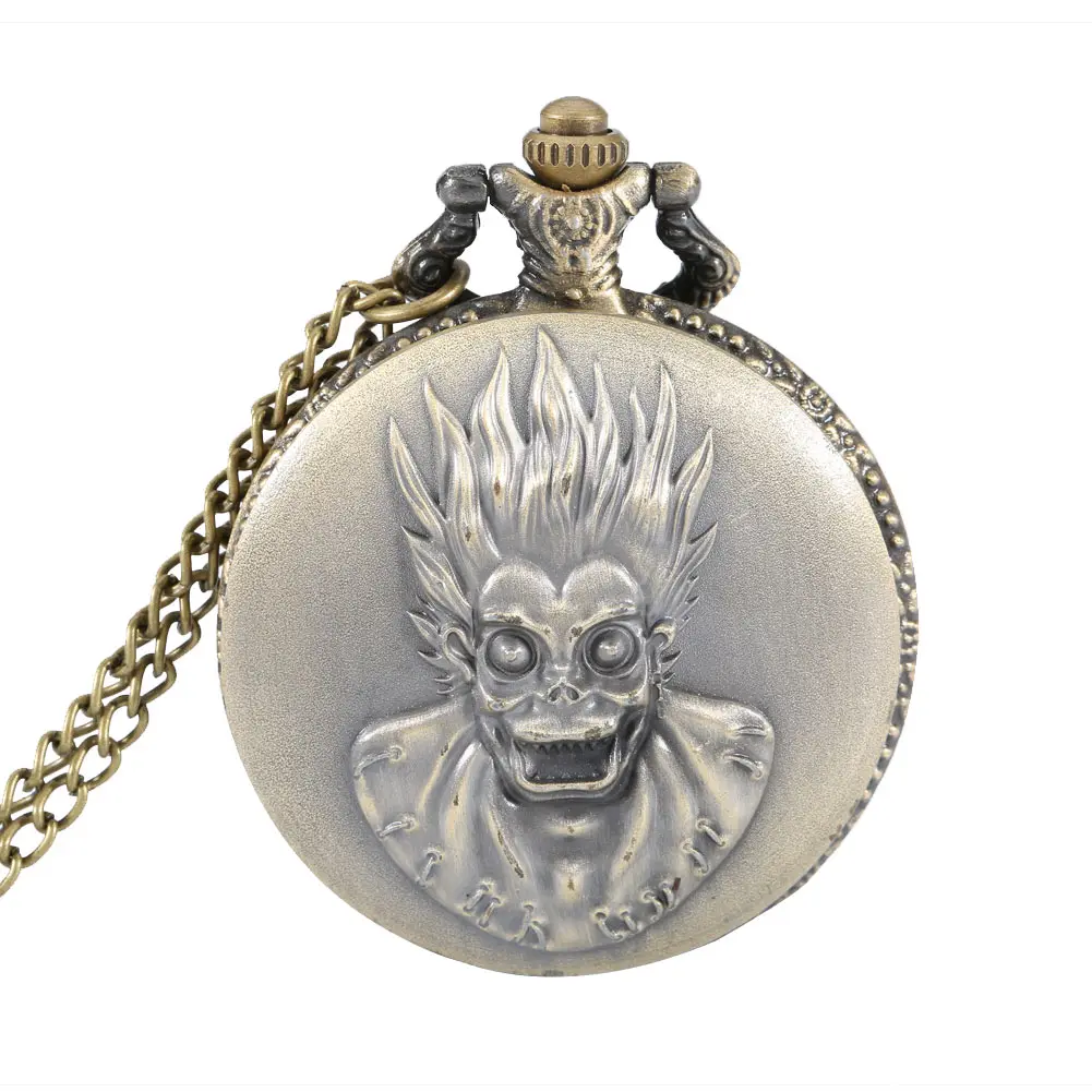 

New Vintage Halloween Skull Head Alloy Pocket Watch Quartz Round Case Chain Pendant Necklace Gift Timer