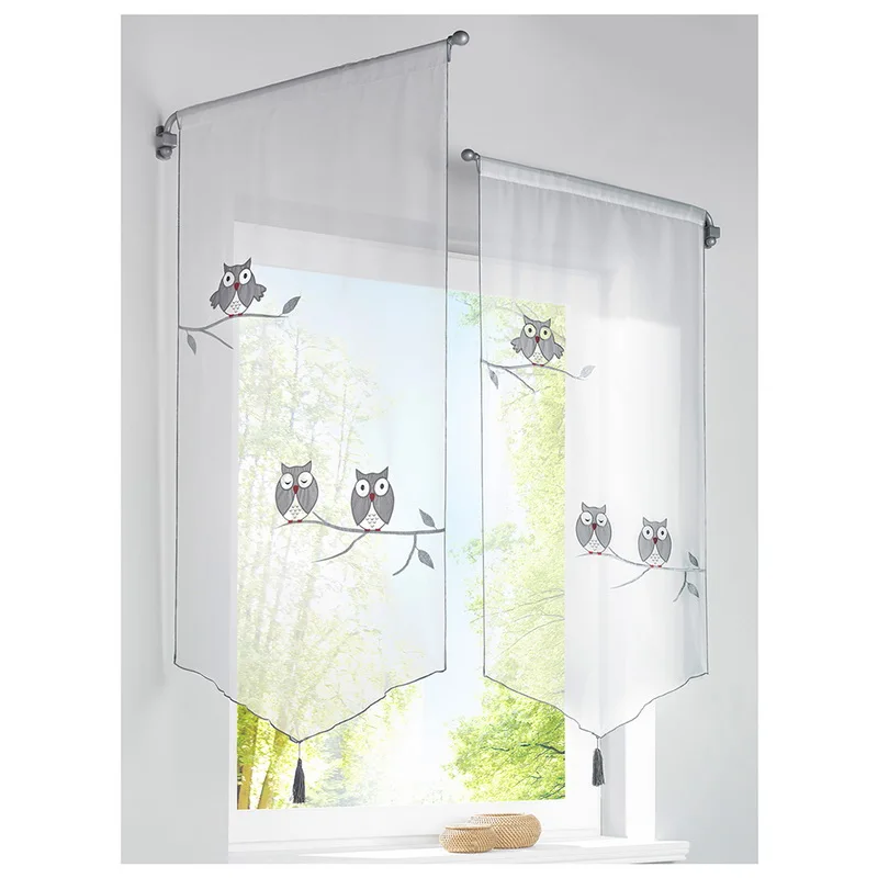 Креативные Короткие шторы с рисунком совы, римские шторы, занавески для кухни, белые прозрачные тюлевые оконные шторы с кисточками, VC