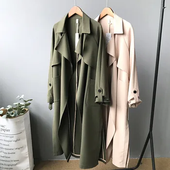 

2019 autumn new women trench coat long solid loose all match lady elegant outwear coat tops