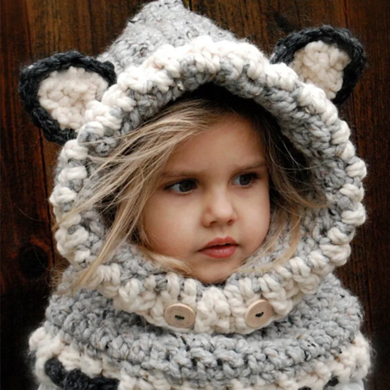 Вязаные Детские шляпы, Зимняя Детская шерстяная хлопковая вязаная шапка, шарф, комплект для девочек, милый кролик, лиса, хлопковая накидка, детская одежда, D0240