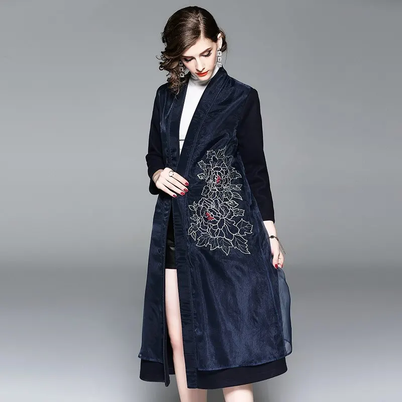 

Organza Embroidery Floral Long Coat Women Winter High Quality Elegant Mid_age Mother V neck Cardigan Coat Female 2018