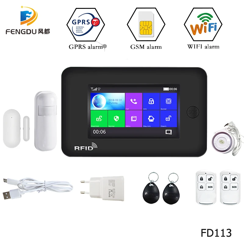 

Wireless Home Security GSM WIFI GPRS Alarm System IOS Android APP Remote Control RFID Card PIR Sensor Door Sensor kit
