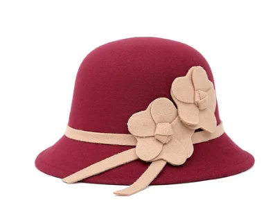 Новые осенние и зимние купольные шляпы Дамская мода цветы Имитация шерсти шляпа - Цвет: Wine red
