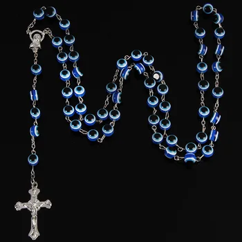 

8mm Turkish Jewelry Blue Eye Necklaces For Men / Women Trendy Stainless Steel Saint Benedict Rosary Cross Long Necklace