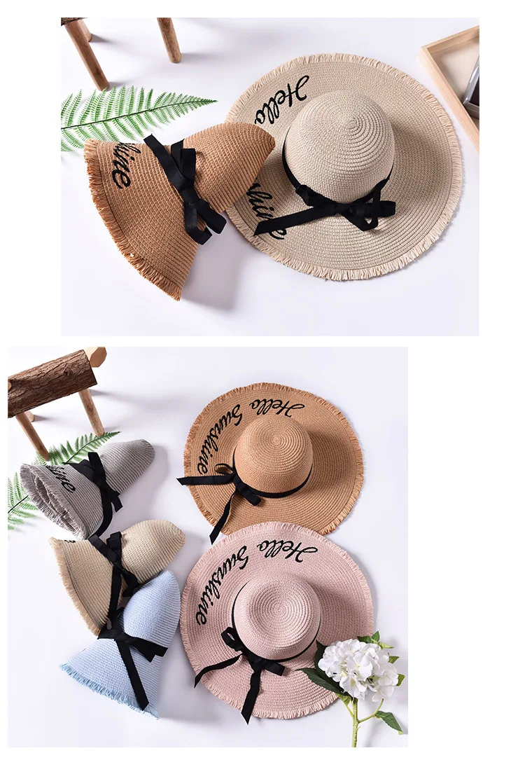 Ручной работы переплетения письмо Защита от солнца шапки для женщин черная лента кружево до большой соломенная шляпа с полями открытый