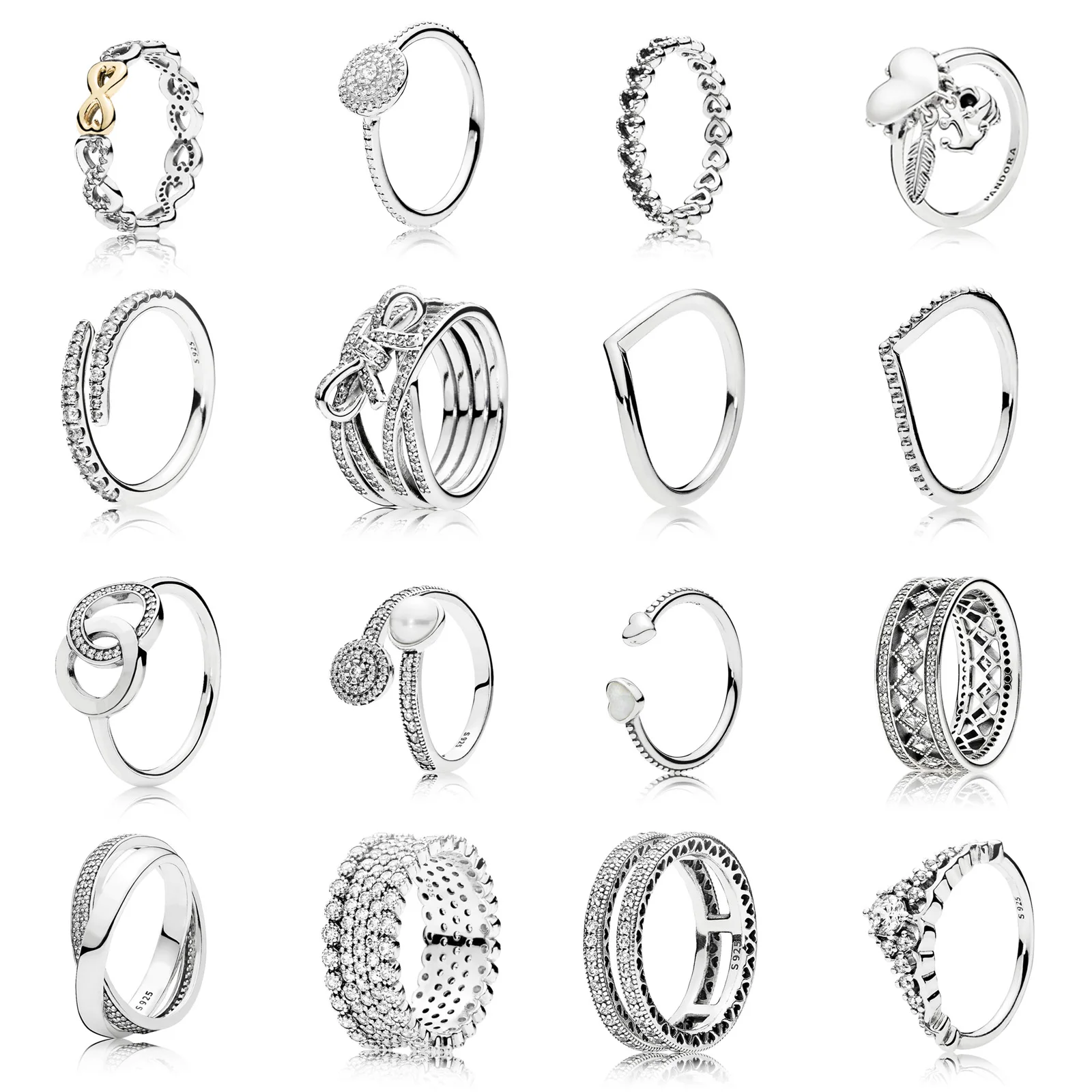 

16 Style 1 Pcs Women 925 Sterling Silver Heart Crown Bowknot Rings Jewelry for Women