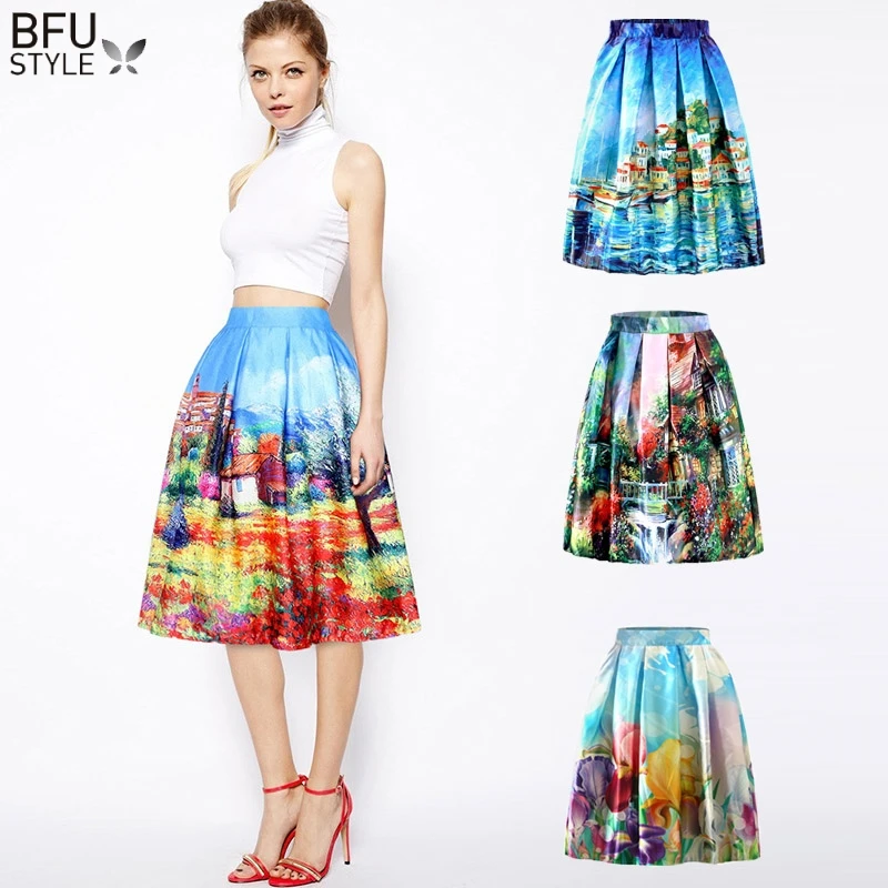 

Retro Print Flower Summer Skirts Womens 2019 High Waist Vintage Skirt Elegant A-Line Midi Lady Skirt S-XXL Faldas Mujer Moda