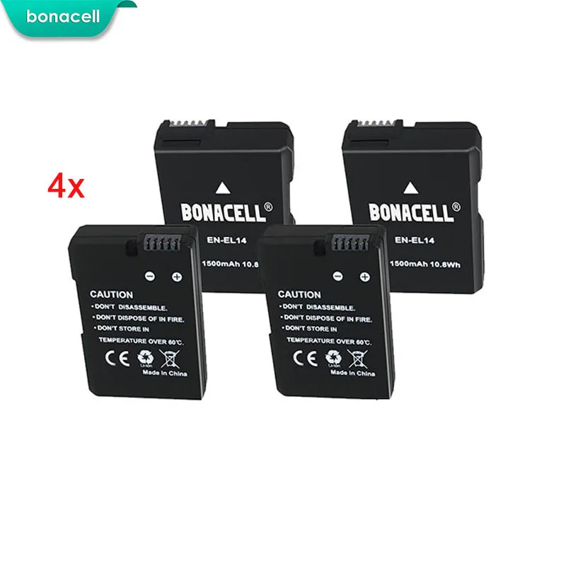 

bonacell 4pcs EN-EL14 EN EL14 1500mAh Li-ion Battery for Nikon D3100 D3200 D3300 D5100 D5200 D5300 P7000 P7100 P7700 P7800