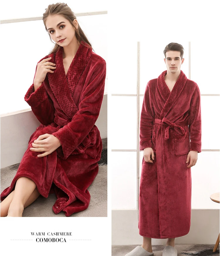 Queenral Man And Woman Robe Winter Long Bathrobe Warm Flannel Satin Male And Female Robes Sleepwear Sexy Pajamas Nightgown    3