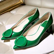 2016 Spring Summer New European Pumps Women Shoes Pointed Buckle High Heels Shoes Lighter Thick Low Heel Single High Shoes Red