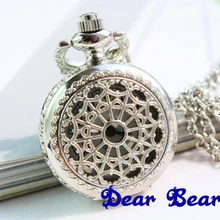 3015) Винтажный серебряный цвет в викторианском стиле филигранный веб карманные часы ожерелье, подвеска, цепочка, диаметр 2,7 см. 12 штук в упаковке