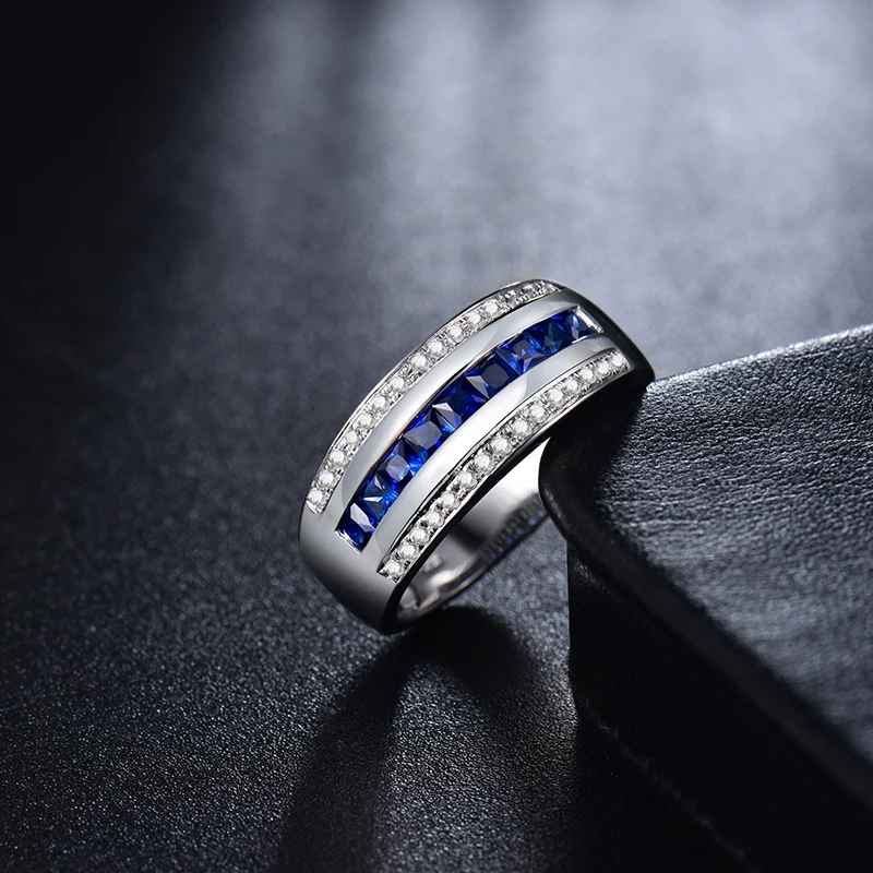 Одноцветное 14kt белого золота Для мужчин Band натуральный голубой сапфир алмаз Обручальные кольца sr0009a