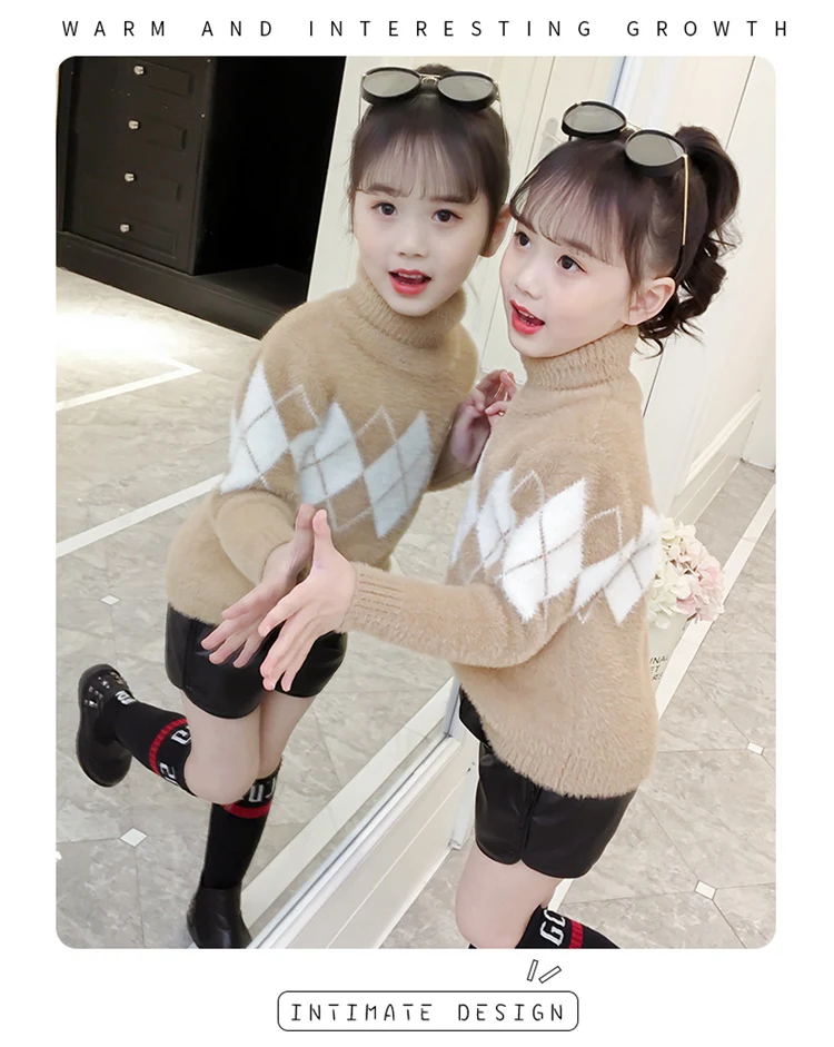 Fashion Autumn Winter Baby Girl Knitted Velvet Sweaters Casual Children Clothes Long Sleeve Turtleneck Thick Sweater 4-15Y