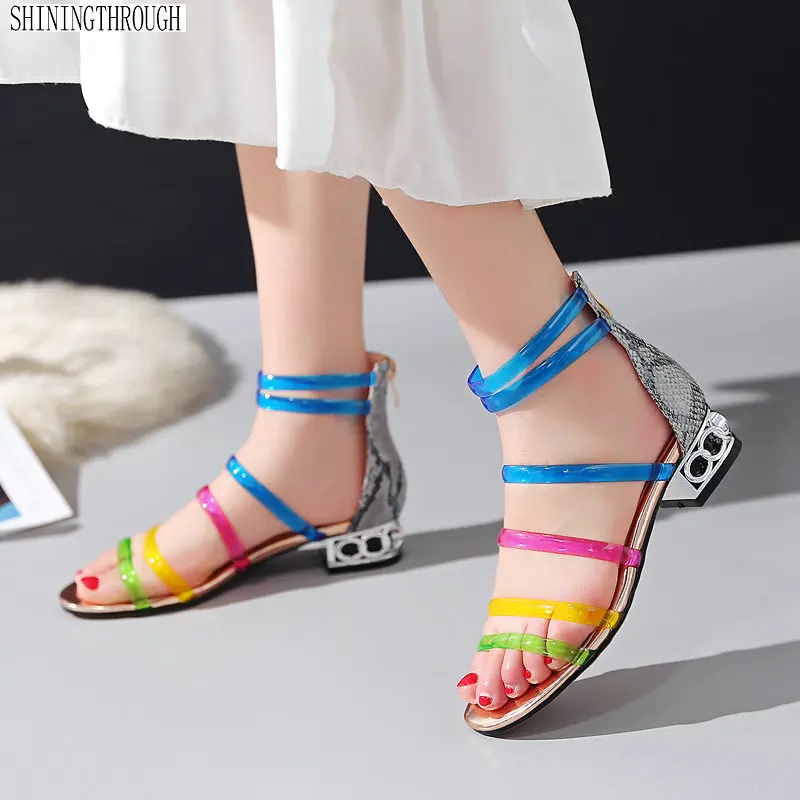 

Women low heels Sandals mixed colors pvc genuine leather ladies shoes ankle strap Summer style party dress Shoes Woman