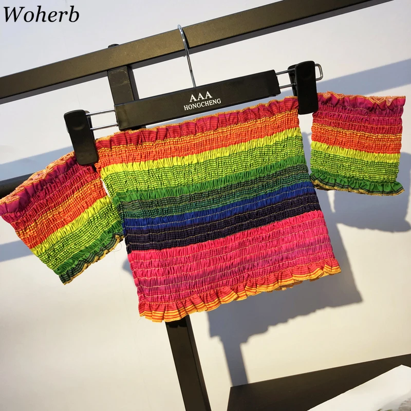 

Woherb Rainbow Striped Off Shoulder Tops Women 2019 Summer Sexy Crop Blouse Vintage Pleated Ruffle Shirt Ladies Blusas 22245