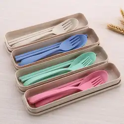 3 шт./компл. набор приборов из пшеничной соломы набор ложка Вилка палочки для еды с коробка для хранения экологически безопасных