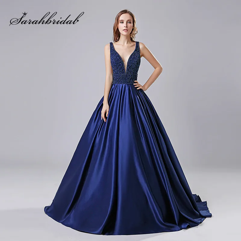 

Sexy New Elegant Long Evening Dresses Satin Deep V-Neck Floor Length Sleeveless Prom Party Gown Court Train Beads Backless CC546