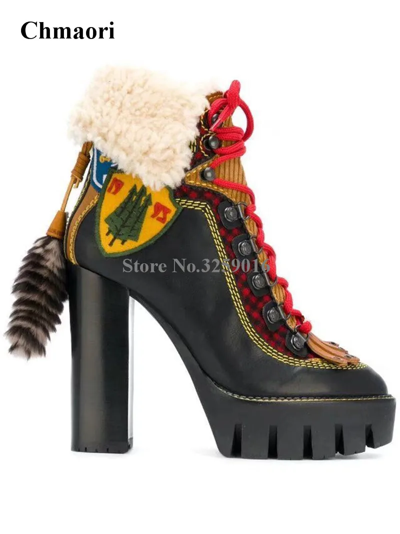 

Women Winter Fashion Round Toe High Platform Fur Inside Chunky Heel Ankle Boots Lace-up Printed Embroidery Spike Boots